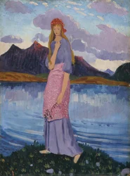 Rapariga junto a um lago (óleo sobre painel)