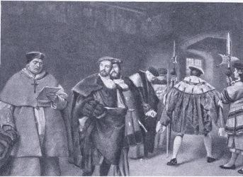 Dispensa do Cardeal Wolsey pelo Rei Henrique VIII, da História do Povo Britânico de Cassells publicada pela Waverley Book Company, c.1950s