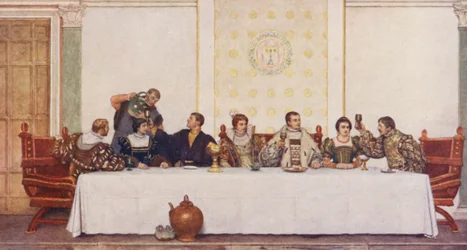 O Mercador de Veneza de Shakespeare: Lorenzo, Jessica, Antonio, Portia, Bassanio, Nerissa e Gratiano (litografia a cores)