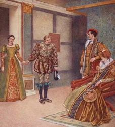 O Mercador de Veneza de Shakespeare: Pórcia, Bassânio, Graciano e Nerissa (litografia a cores)
