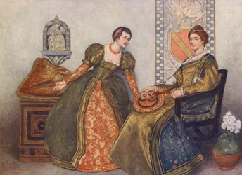 O Mercador de Veneza de Shakespeare: Pórcia e Nerissa (litografia a cores)