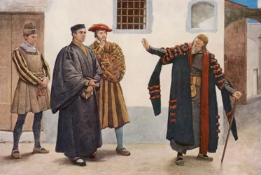 O Mercador de Veneza de Shakespeare: Shylock, António, Salarino e Gaoler (litografia a cores)