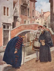 O Mercador de Veneza de Shakespeare: Shylock, Bassanio e António (litografia a cores)