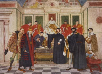 O Mercador de Veneza de Shakespeare: Shylock, Portia, Bassanio, Antonio, Gratiano e Nerissa (litografia a cores)