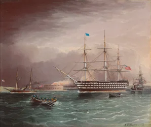 O USS Pensilvânia sob reboque no início da Guerra Civil Americana com Fort Monroe em segundo plano