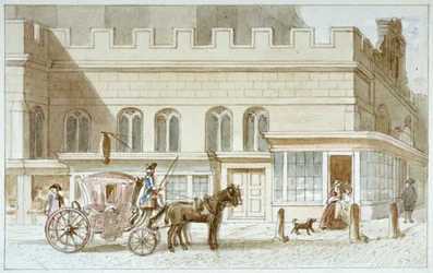 Frentes de lojas por St Dunstan-in-the-West, Fleet Street, City of London, 1820