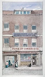 Vista da Taberna do Duque de Cambridge, Shoe Lane, City of London, c1840.                    