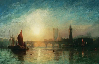 Vista da ponte de Westminster e das casas do Parlamento, com barcaça de feno e outras remessas em primeiro plano, 1869
