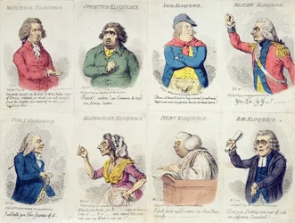 8 vinhetas representando eloquência, publicado por Hannah Humphrey em 1795 (gravura à mão colorida)