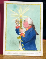Um perito que examina um Cooper, George III (1738-1820) temendo uma nova revolução, olha para um retrato de Cromwell, pub. por Hannah Humphrey, 1792