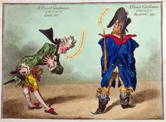 Um cavalheiro francês do Tribunal de Luís XVI e um cavalheiro francês do Tribunal de Egalite, publicado em 1799 (gravura à mão colorida)