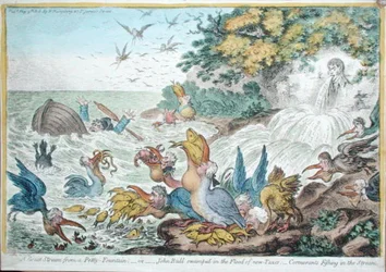 Uma Grande Tempestade de uma Fonte Pequena, ou John Bull inundado pela Inundação de Novos Impostos: Cormorants Fishing in the Stream, publicado por Hannah Humphrey em 1806 (gravura colorida à mão)