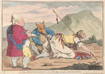 Uma nova administração ou o estado Quacks Administring, pub. 1783 (gravura colorida à mão)