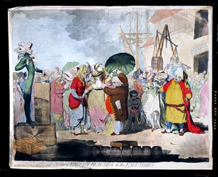 A Sale of English Beauties in the East Indies, publicada por W. Holland em 1786 (gravura a água-forte colorida à mão com água-tinta)