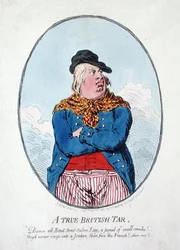 A True British Tar, publicado por Hannah Humphrey em 1795 (gravura colorida à mão)