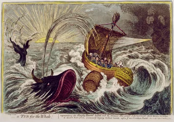 Uma banheira para a baleia! publicado por Hannah Humphrey em 1806 (gravura à mão colorida)