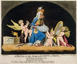 Uma Vestal de -93 experimentando o Cestus de Vênus, publicado por Hannah Humphrey em 1793 (gravura à mão colorida e gravação com tinta aquatinta)