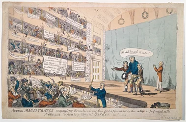Magistrados em exercício comprometendo-se, sendo a sua primeira aparição como realizada no Teatro Nacional Covent Garden, publicado em 1809 (gravura à mão colorida)