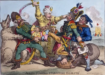 Alied Powers Un-Booting Egalite, publicado por Hannah Humphrey em 1799 (gravura à mão colorida)