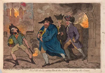 Blood & Co. ateando fogo à torre e roubando a coroa, pub. 1788 (gravura colorida à mão)