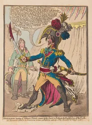 A audição de Bonaparte de Nelsons Victory jura por sua espada extirpar o inglês da terra, bar. 1798 (gravura colorida à mão)