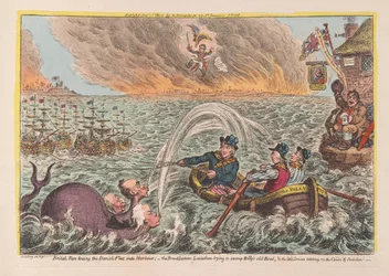 Tars britânicos que rebocam a frota dinamarquesa em Porto: o Leviathan de fundo de Borad que tenta pântano Billys Barco velho & o pequeno Corsário que cambaleia nas Nuvens de Ambição, bar. 1807 (engra colorido à mão