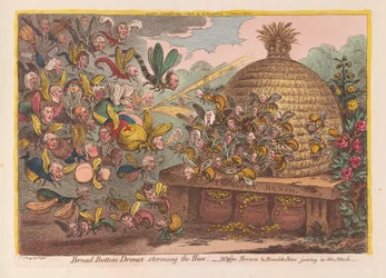 Drones de Fundo Largo atacando a Colméia: Vespas, Zangões e Bumble Bees participando do ataque, pub. 1808 (gravura colorida à mão)