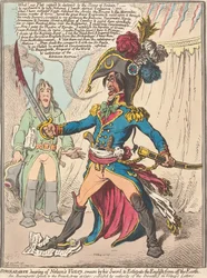 Buonaparte, ao saber da vitória de Nelson, jura pela sua espada exterminar os ingleses da face da Terra (de: Caricatura, vol. 1)