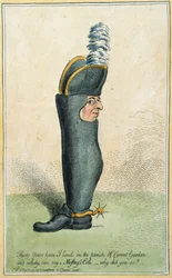 Desenho animado representando o coronel Justly Watson com o corpo de uma bota, publicado por Hannah Humphrey em 1797 (gravura à mão colorida)