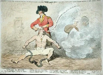 Cooling the Brain, ou The Little Mayor Shaving the Shaver, publicado por J. Aitken em 1789 (gravura colorida à mão)