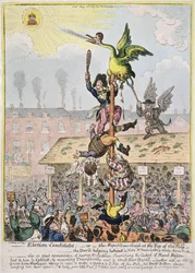Candidato Eleitoral, ou o Ganso Republicano no Topo do Pólo, publicado por Hannah Humphrey em 1807 (gravura à mão colorida)