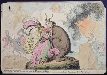 Encantos recentemente vistos na Montanha de Gales, ou Reconciliação de Shon-ap-Morgan para a Princesa das Fadas, publicado por Hannah Humphrey em 1796 (gravura à mão colorida)
