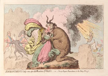 Encantos recentemente vistos nas Montanhas de Gales ou Shon-ap Morgans Reconciliação com a Princesa das Fadas, pub. 1796 (gravura colorida à mão)