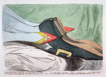 Contrastes da Moda, ou Sapatinho da Duquesa cedendo à Magnitude do Pé do Duque, publicado por Hannah Humphrey em 1792 (gravura com wc)