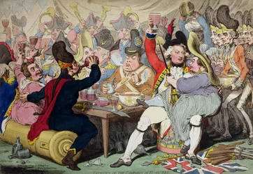 Fadigas da campanha na Flandres, publicada por Hannah Humphrey em 1793 (gravura colorida à mão)
