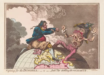 Lutando pelo Dunghill ou pelo Jack Tar que estabelece Buonaparte, bar. 1798 (gravura colorida à mão)