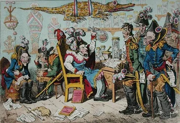 Os generais franceses que se retiram por causa da sua saúde com Lepaux presidindo ao Dispensatório Directorial, publicado por Hannah Humphrey em 1799 (gravura colorida à mão)