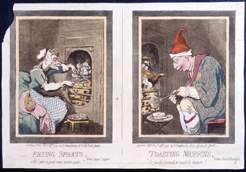 Fritura de Espadilha, ou Real Ceia, e Toasting Muffins, ou Royal Breakfast, publicado por Hannah Humphrey em 1791 (gravura à mão colorida)