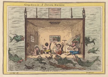 Descendo em uma máquina de mergulho, pub 1801 (gravura colorida à mão)