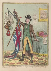 Melhoria em pesos e medidas ou Sir John Seeclear descobrindo cada saldo de cada bandeira britânica, pub. 1798 (gravura colorida à mão)