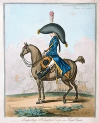 Inspecionando um Corpo Voluntário no Hyde Park, publicado por Hannah Humphrey em 1803 (gravura à mão colorida)