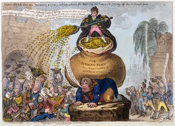 John Bull e The Sinking Fund - um pequeno esquema para reduzir os impostos e pagar a dívida nacional, pub. H Humphrey, Londres, 1807 (engaving colorido à mão)