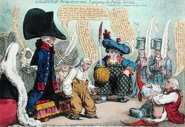 Lilliputian-Substitutes, Equipping for Public Service, publicado por Hannah Humphrey em 1801 (gravura colorida à mão)
