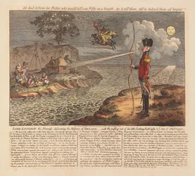 Lord Longbow, o Alarmista, descobrindo as Misérias da Irlanda, pub. 1798 (gravura colorida à mão)