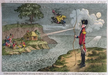 Lord Longbow, o alarmista, descobrindo as misérias da Irlanda, publicado por Hannah Humphrey em 1798 (gravura colorida à mão)