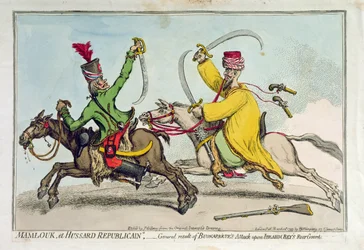 Mamlouk e Hussard Republicain, ou Resultado Geral do Ataque de Bonaparte à Guarda Traseira de Ibrahim Bey (1735-1817), publicado por Hannah Humphrey em 1799 (gravura à mão colorida)