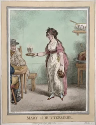 Maria de Buttermere, esboçada da vida em julho de 1800, publicada por Hannah Humphrey em 1802 (gravura à mão colorida)