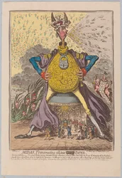 Midas, Transmutando tudo em [Gold] Paper, pub. 1797 (gravura colorida à mão)