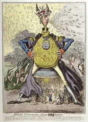 Midas Transmutando tudo em Papel Dourado, publicado por Hannah Humphrey em 1797 (gravura à mão colorida)