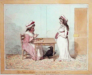 "Miss I have a Monstrous Crow to pluck with you", publicado por Hannah Humphrey em 1794 (gravura colorida à mão)